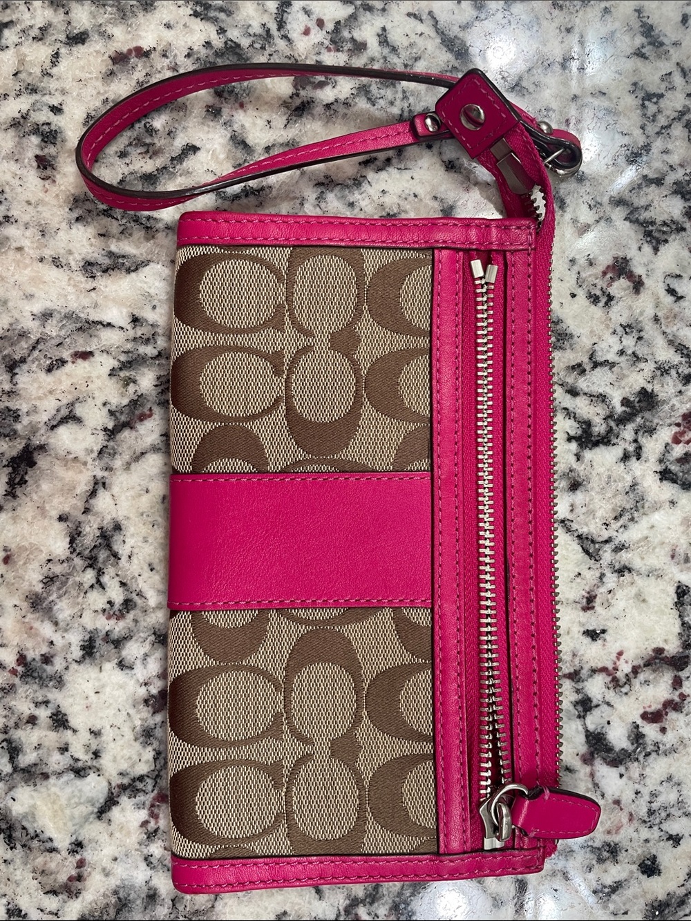 Coach Brown Signature Canvas Wristlet with Hot Pink Trim - Picture 2 of 3